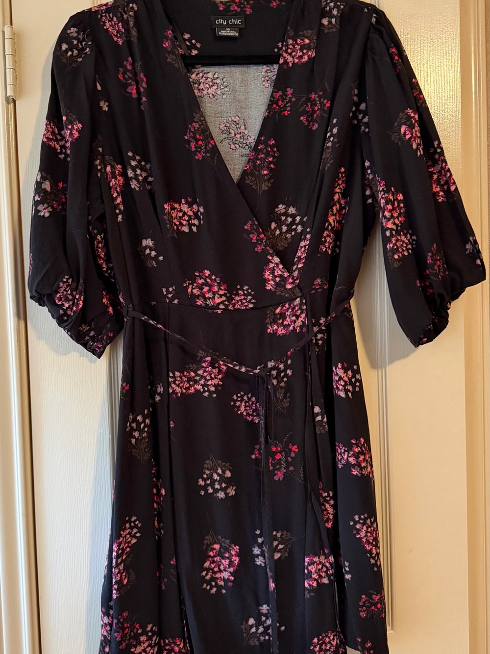 City Chic XS/14 Black Floral Faux Wrap Dress with Pink Blossoms